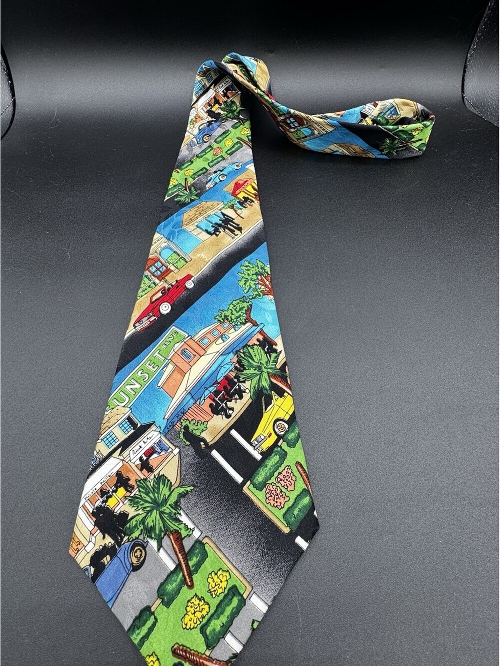 Vintage 1994 Nicole Miller Sunset Blvd Silk Tie California Street Scene Palm Tre